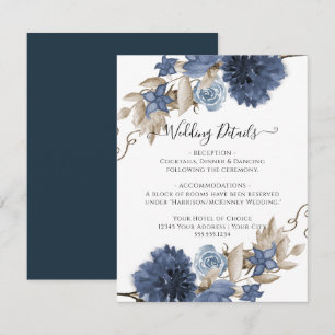 Dusty Blue Navy Floral Watercolor Wedding Details Invitation