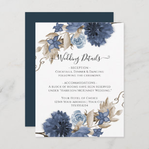 Dusty Blue Navy Floral Watercolor Wedding Details Invitation