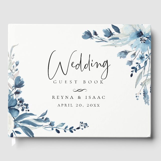 Dusty Blue Navy Floral Wedding Guest Book (Front)