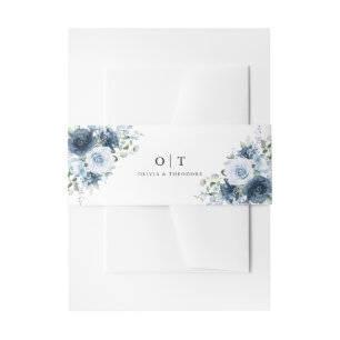 Dusty Blue Navy Floral Wedding Invitation Monogram Belly Band