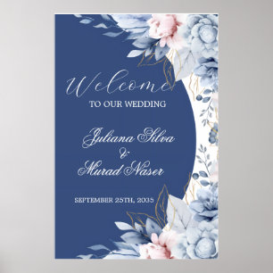 Dusty Blue Navy Floral Wedding Welcome Sign Poster