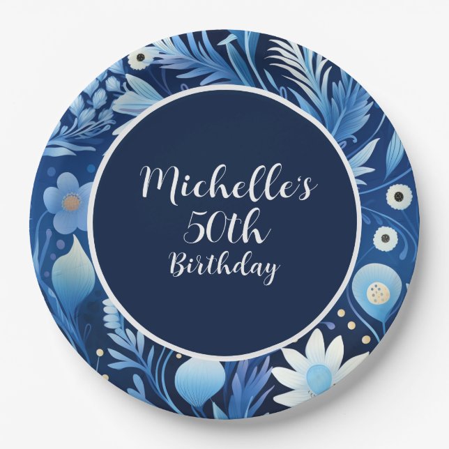Dusty Blue Navy Flowers 50th Birthday  Paper Plate (Front)