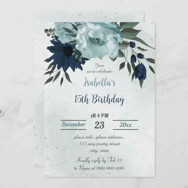 Dusty blue navy flowers botanical birthday  invitation (Front/Back)