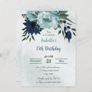 Dusty blue navy flowers botanical birthday invitation