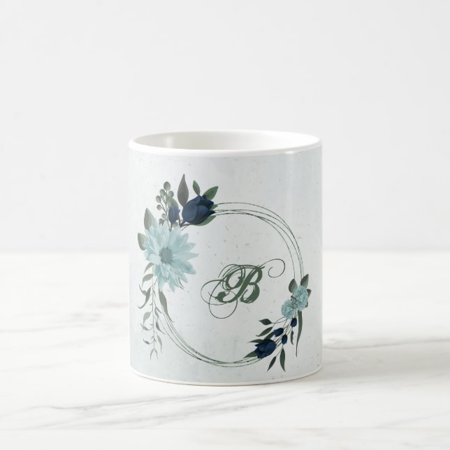 Dusty blue navy flowers botanical coffee mug (Center)