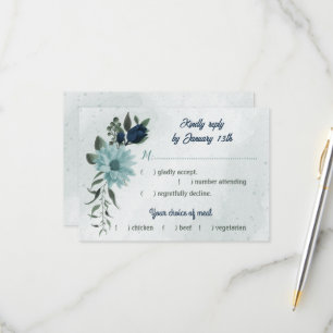 Dusty blue &navy flowers botanical meal choice RSVP card