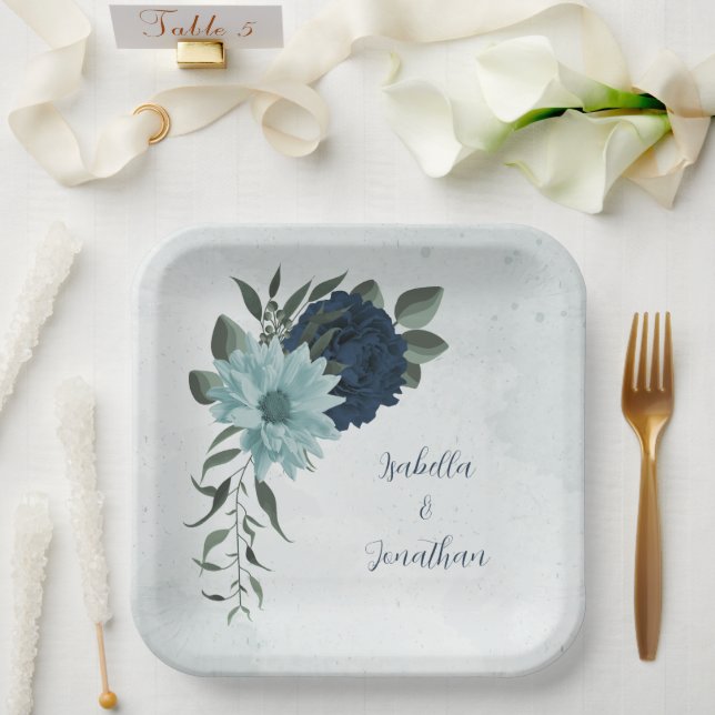 Dusty blue navy flowers botanical paper plate (Wedding)