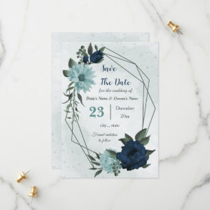 Dusty blue navy flowers botanical save the date