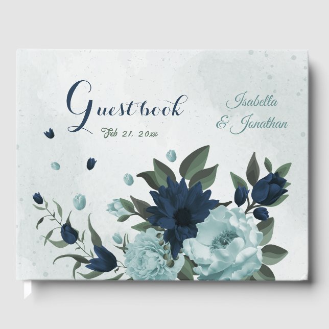 Dusty blue navy flowers botanical wedding guest book (Front)