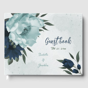 Dusty blue navy flowers botanical wedding guest book
