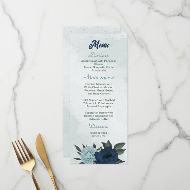 Dusty blue &navy flowers botanical wedding menu (Front/Back In Situ)