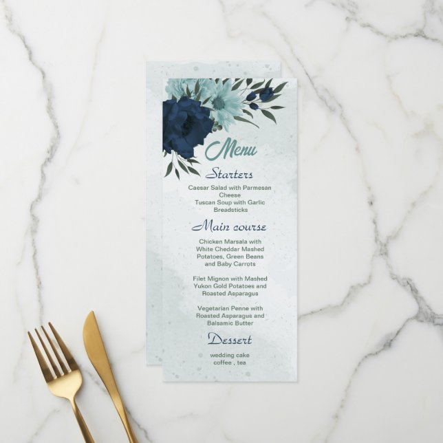 Dusty blue &navy flowers botanical wedding menu (Front/Back In Situ)