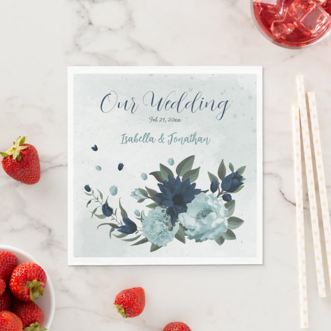 Dusty blue navy flowers botanical wedding napkin (Insitu)