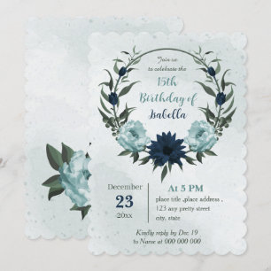 Dusty blue navy flowers botanical wreath birthday  invitation