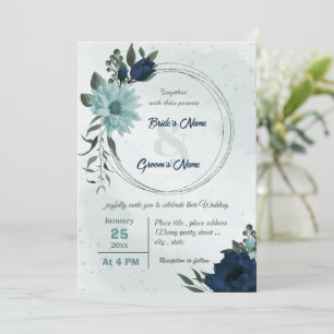 Dusty blue &navy flowers botanical wreath wedding  invitation