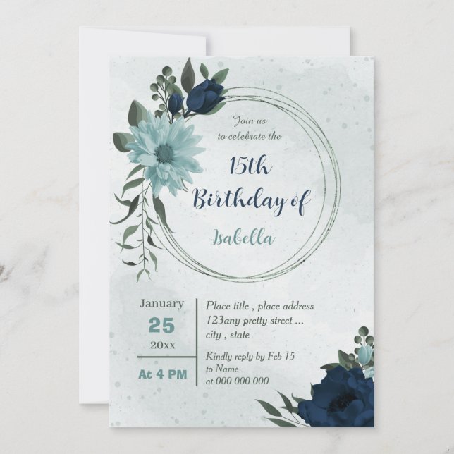 Dusty blue &navy flowers geometric birthday  invitation (Front)