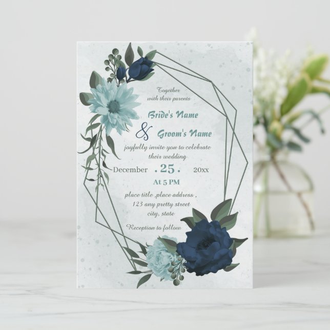 Dusty blue &navy flowers geometric wedding invitation (Standing Front)