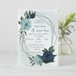 Dusty blue &navy flowers geometric wedding invitation