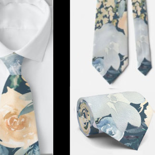 Dusty Blue Navy Flowers Roses Floral Neck Tie