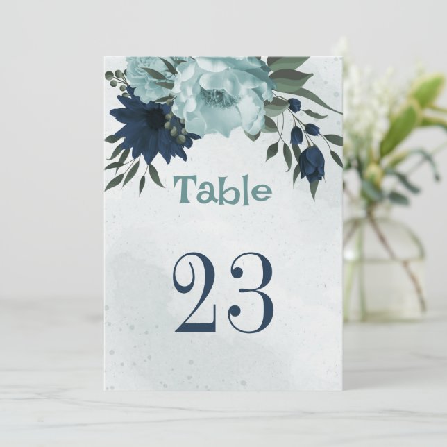 Dusty blue &navy flowers table number (Standing Front)