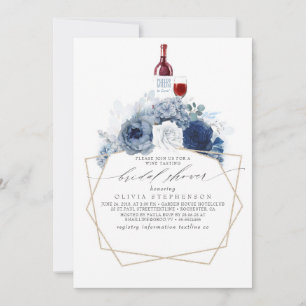 Dusty Blue Navy Flowers Wine Tasting Bridal Shower Invitation
