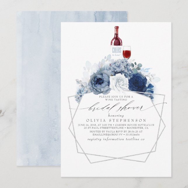 Dusty Blue Navy Flowers Wine Tasting Bridal Shower Invitation (Front/Back)