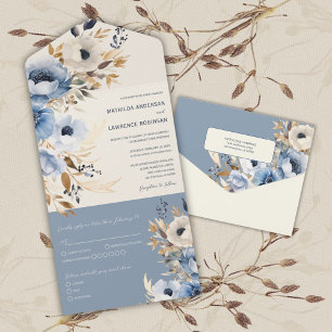 Dusty Blue Navy Gold Floral Winter Wedding All In One Invitation