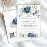 Dusty Blue Navy Ivory Floral Boho Wedding QR Code  Invitation<br><div class="desc">Dusty blue floral wedding Invitation featuring elegant bouquet of navy blue, royal blue , white , gold, champagne ivory, blush colour rose , ranunculus flower buds and sage green eucalyptus leaves and elegant watercolor bouquet. Please contact me for any help in customisation or if you need any other product with...</div>