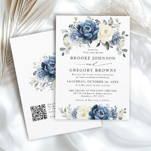 Dusty Blue Navy Ivory Floral Boho Wedding QR Code  Invitation