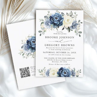Dusty Blue Navy Ivory Floral Boho Wedding QR Code Invitation