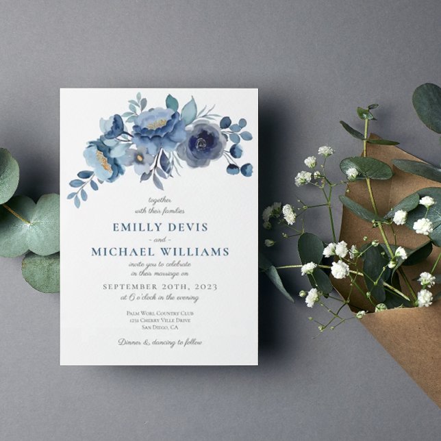 Dusty Blue Navy Ivory Floral Wedding Invitation (Creator Uploaded)