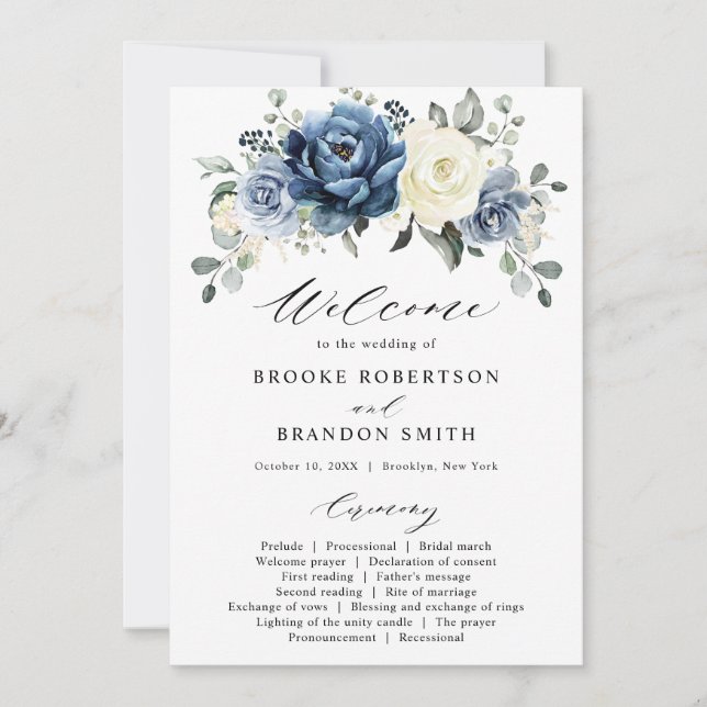 Dusty Blue Navy Ivory Floral Wedding Program Card (Front)