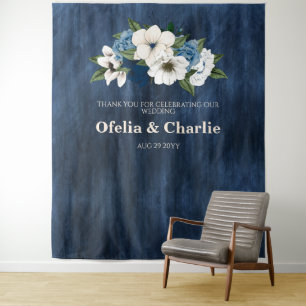 Dusty Blue Navy Ivory Floral Wedding Wall Tapestry