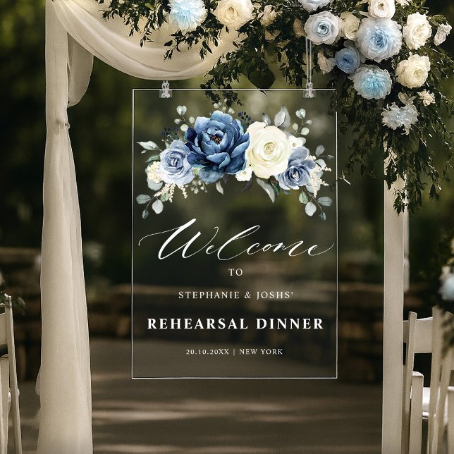 Dusty Blue Navy  Ivory Rehearsal Dinner Welcome Acrylic Sign (Dusty Blue Navy Ivory Floral Rehearsal Dinner Welcome Acrylic Sign)