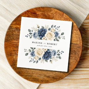 Dusty Blue Navy & Ivory Rose Floral Wedding Napkin