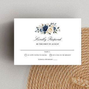 Dusty Blue Navy & Ivory Rose Floral Wedding RSVP Card