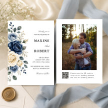 Dusty Blue Navy & Ivory Rose QR Code Photo Wedding