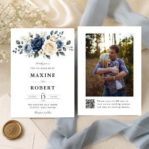 Dusty Blue Navy & Ivory Rose QR Code Photo Wedding Invitation