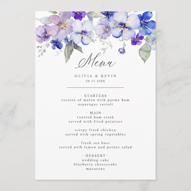 Dusty Blue Navy Lavender Lilac Floral Wedding Menu (Front)