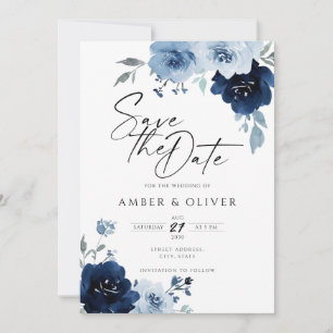 Dusty Blue Navy Light Floral Elegant Save The Date Invitation