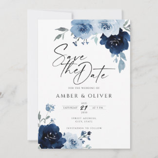 Dusty Blue Navy Light Floral Elegant Save The Date Invitation
