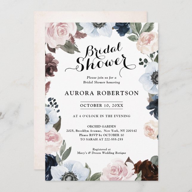 Dusty blue navy mauve and blush pink Bridal Shower Invitation (Front/Back)