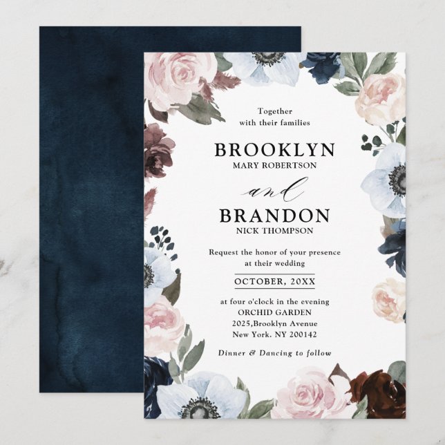 Dusty blue navy mauve and blush pink Wedding Invitation (Front/Back)