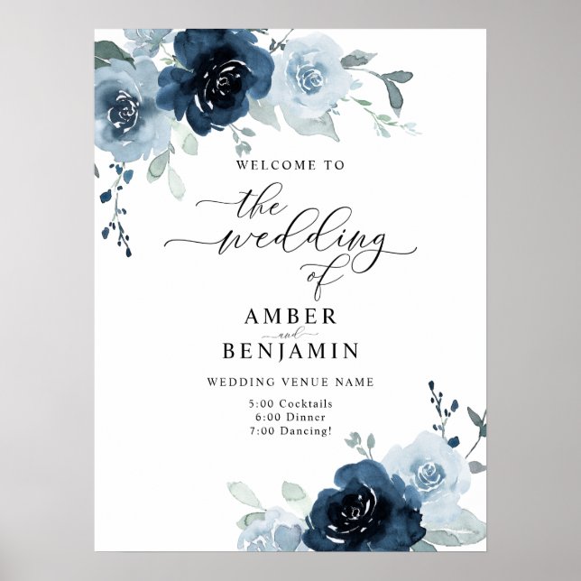 Dusty Blue Navy Pastel Boho Floral Wedding Welcome Poster (Front)