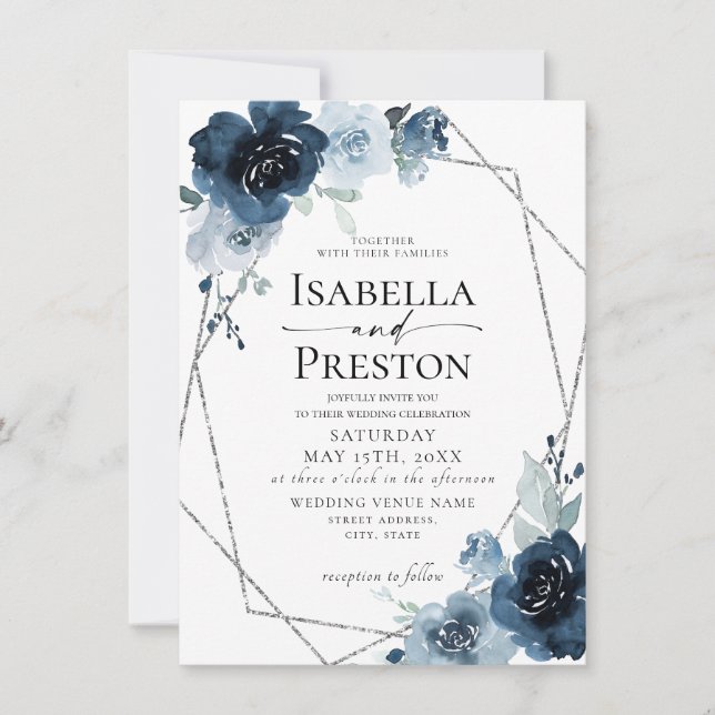 Dusty Blue Navy Pastel Silver Foil Floral Wedding  Invitation (Front)