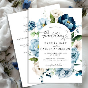 Dusty Blue Navy Peony All In 1 QR Code Wedding Invitation