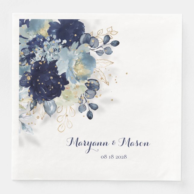 Dusty Blue Navy Peony & Eucalyptus Gold Floral Napkin (Front)