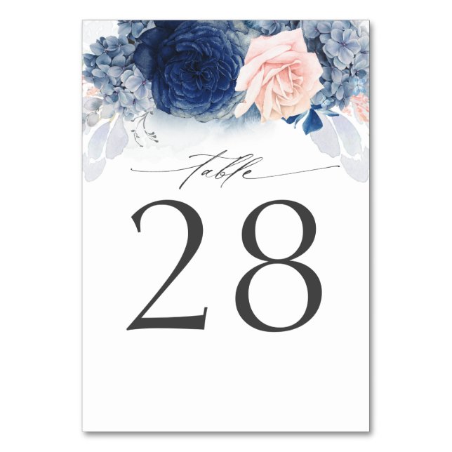 Dusty Blue Navy Pink Wedding Table Number Card (Front)
