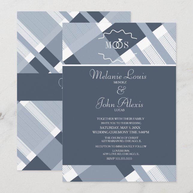 Dusty Blue Navy Plaid White Ring Logo Wedding Invitation (Front/Back)