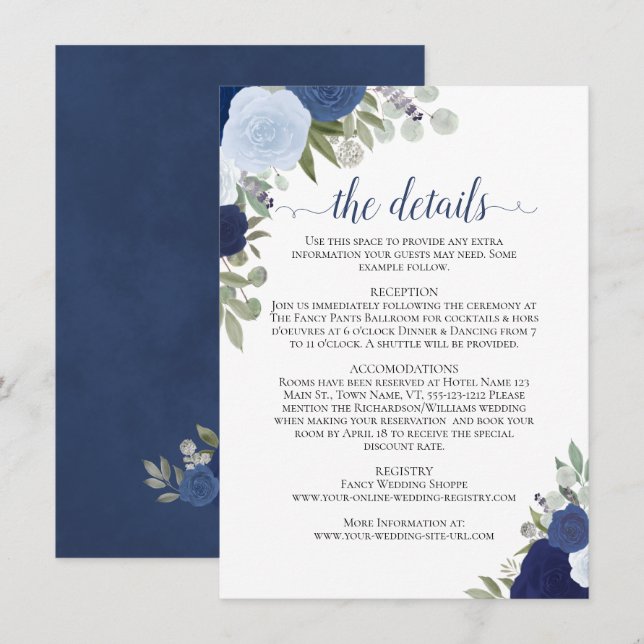 Dusty Blue & Navy Roses Rustic Wedding Details Enclosure Card (Front/Back)